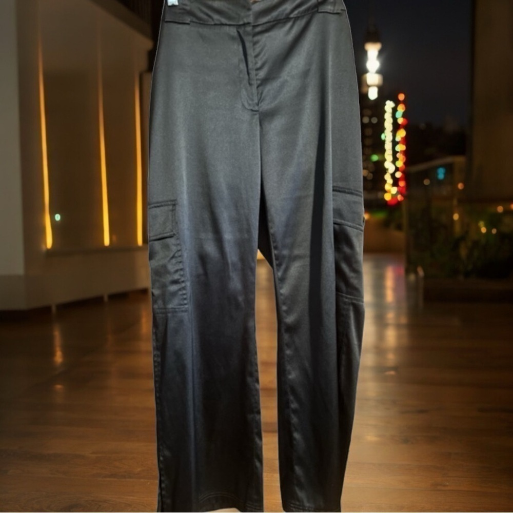 Apostrophe Black Shiny Satin Side Cargo Pocket Split Hem Stretch Pant - Picture 2 of 9